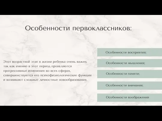 Особенности первоклассников: Особенности восприятия; Особенности мышления; Особенности памяти; Особенности внимания; Особенности воображения