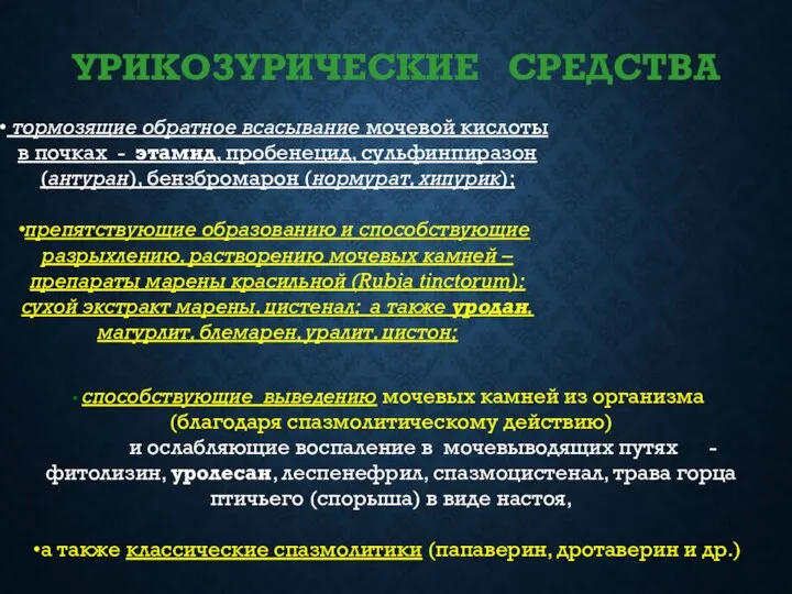 УРИКОЗУРИЧЕСКИЕ СРЕДСТВА тормозящие обратное всасывание мочевой кислоты в почках - этамид, пробенецид,