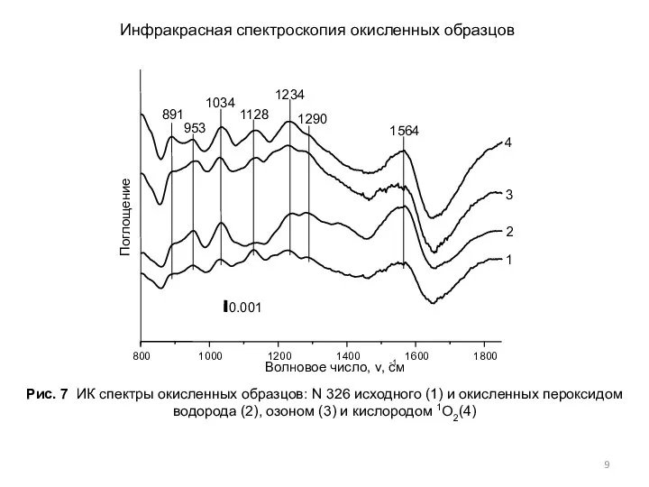 Рис. 7 ИК спектры окисленных образцов: N 326 исходного (1) и окисленных