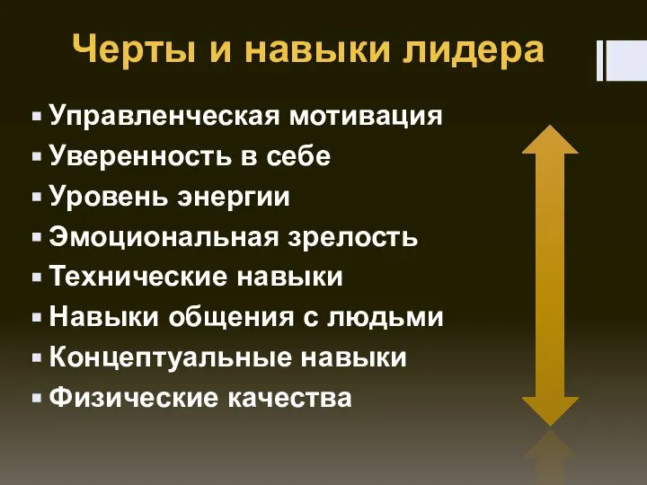 Черты и навыки лидера Управленческая мотивация Уверенность в себе Уровень энергии Эмоциональная