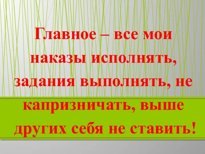 Главное – все мои наказы исполнять, задания выполнять, не капризничать, выше других себя не ставить!