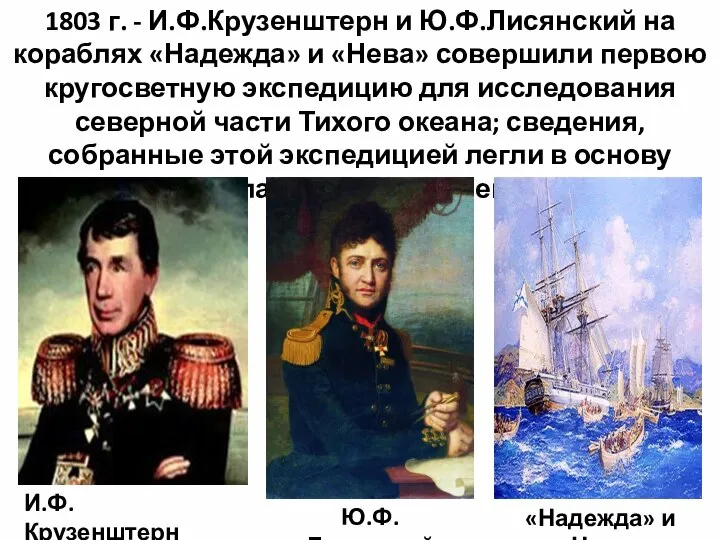 1803 г. - И.Ф.Крузенштерн и Ю.Ф.Лисянский на кораблях «Надежда» и «Нева» совершили