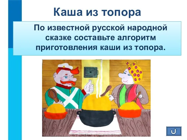 Каша из топора По известной русской народной сказке составьте алгоритм приготовления каши из топора.