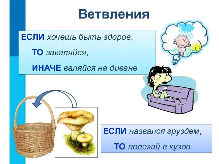 Ветвления ЕСЛИ хочешь быть здоров, ТО закаляйся, ИНАЧЕ валяйся на диване ЕСЛИ