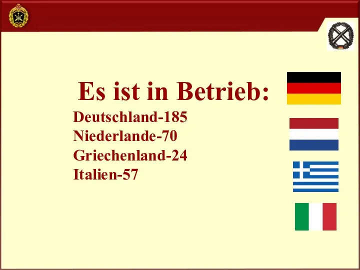 Es ist in Betrieb: Deutschland-185 Niederlande-70 Griechenland-24 Italien-57
