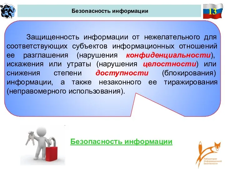 13 Безопасность информации Защищенность информации от нежелательного для соответствующих субъектов информационных отношений