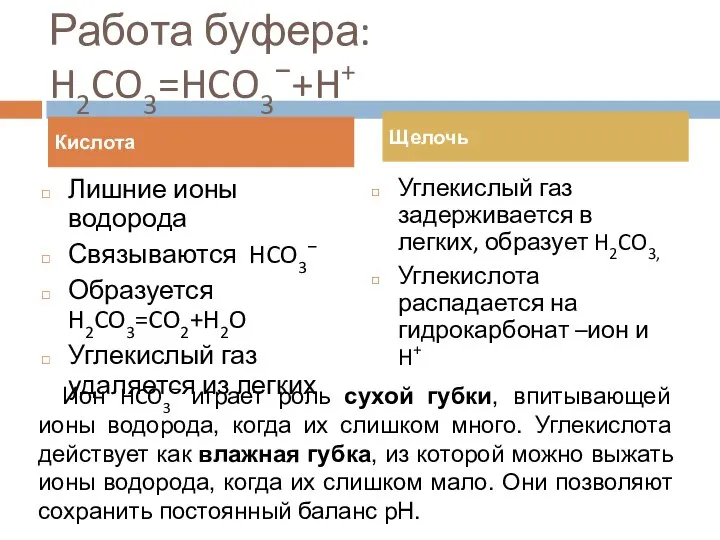 Работа буфера: H2CO3=HCO3−+H+ Лишние ионы водорода Связываются HCO3− Образуется H2CO3=CO2+H2O Углекислый газ