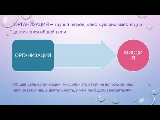 ОРГАНИЗАЦИЯ – группа людей, действующих вместе для достижения общей цели Общая цель