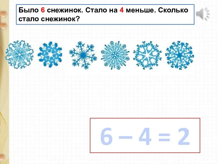 Было 6 снежинок. Стало на 4 меньше. Сколько стало снежинок? 6 – 4 = 2