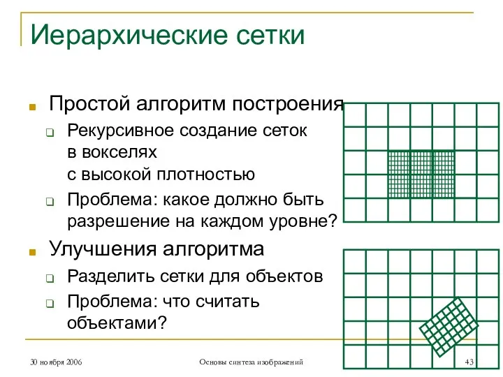 Иерархические сетки Простой алгоритм построения Рекурсивное создание сеток в вокселях с высокой