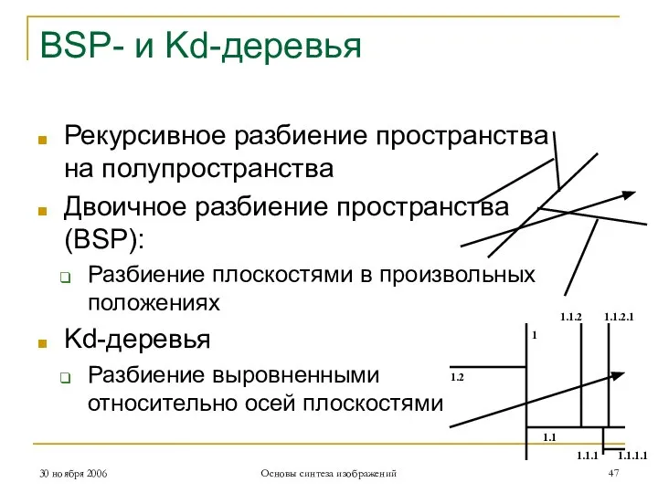 BSP- и Kd-деревья Рекурсивное разбиение пространства на полупространства Двоичное разбиение пространства (BSP):