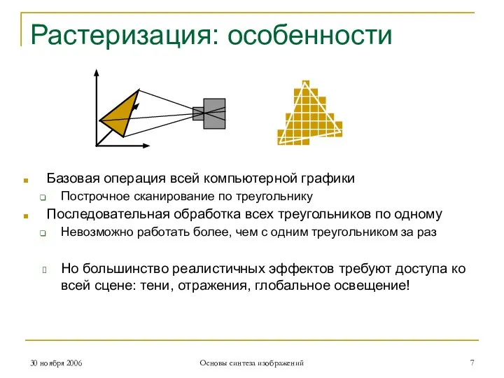 Растеризация: особенности 30 ноября 2006 Основы синтеза изображений Базовая операция всей компьютерной