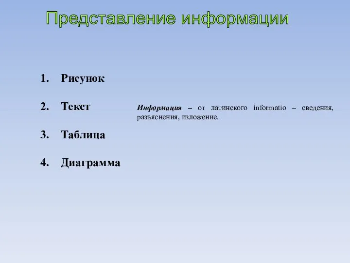 Рисунок Текст Таблица Диаграмма Представление информации Информация – от латинского informatio – сведения, разъяснения, изложение.