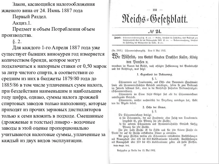 Закон, касающийся налогообложения жженого вина от 24. Июнь 1887 года Первый Раздел.