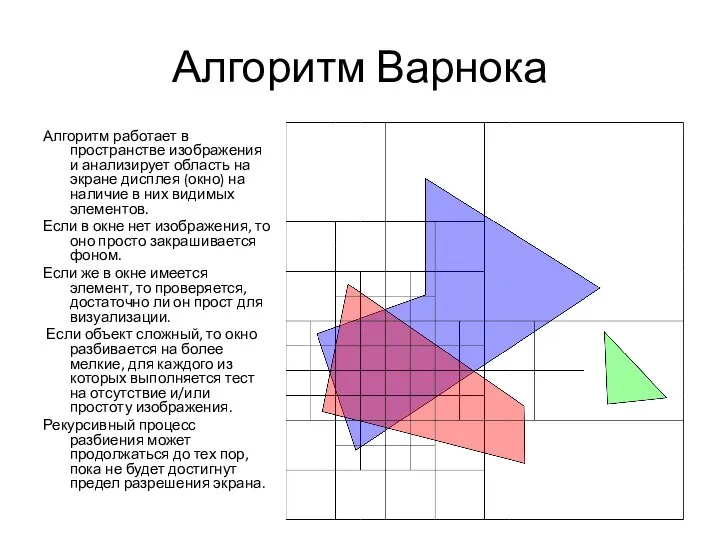 Алгоритм Варнока Алгоритм работает в пространстве изображения и анализирует область на экране