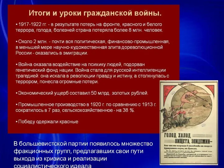 В большевистской партии появилось множество фракционных групп, предлагавших свои пути выхода из