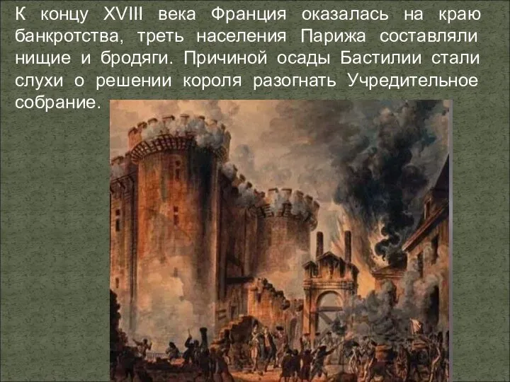 К концу XVIII века Франция оказалась на краю банкротства, треть населения Парижа