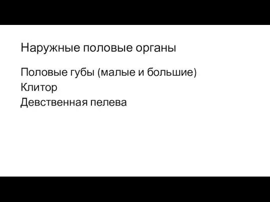 Наружные половые органы Половые губы (малые и большие) Клитор Девственная пелева