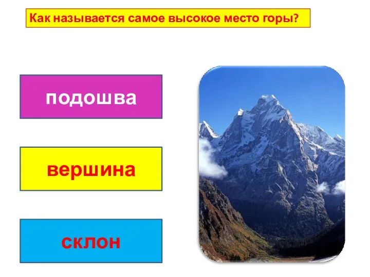 Как называется самое высокое место горы? подошва вершина склон