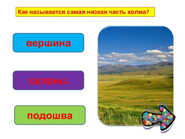 Как называется самая низкая часть холма? вершина склоны подошва