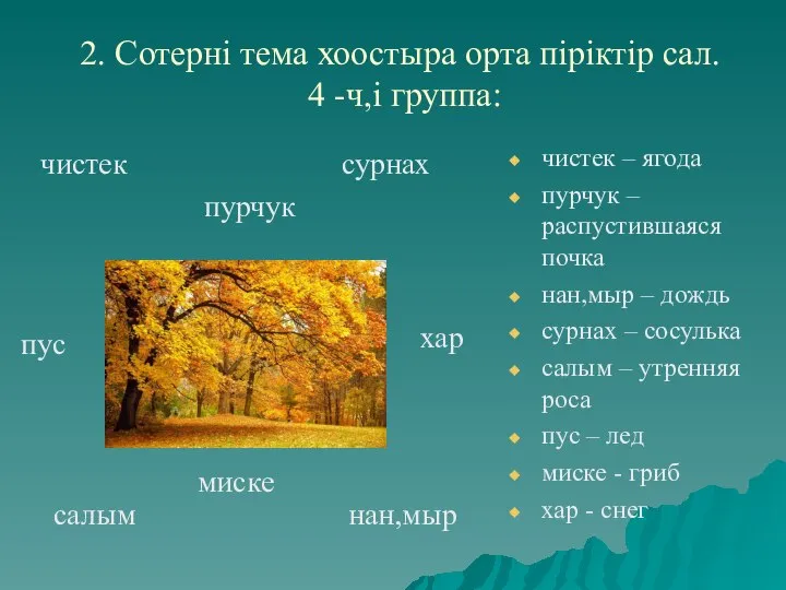 2. Сотернi тема хоостыра орта пiрiктiр сал. 4 -ч,i группа: чистек –