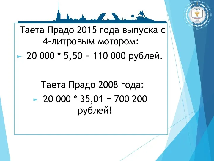 Таета Прадо 2015 года выпуска c 4-литровым мотором: 20 000 * 5,50