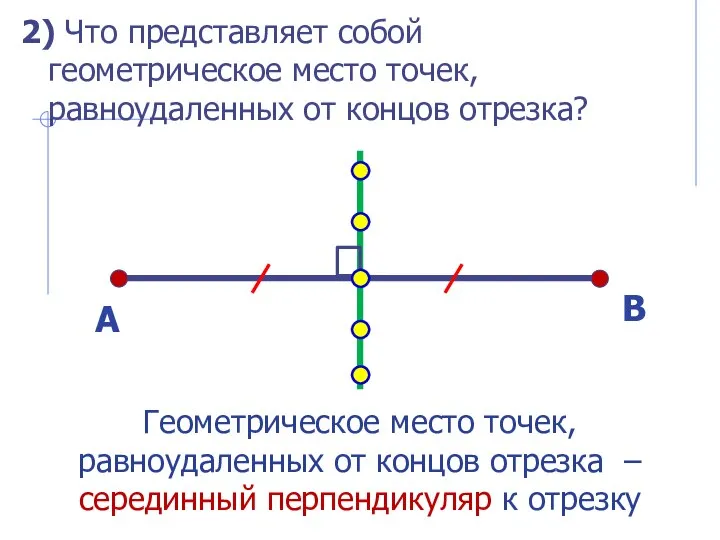 2) Что представляет собой геометрическое место точек, равноудаленных от концов отрезка? Геометрическое