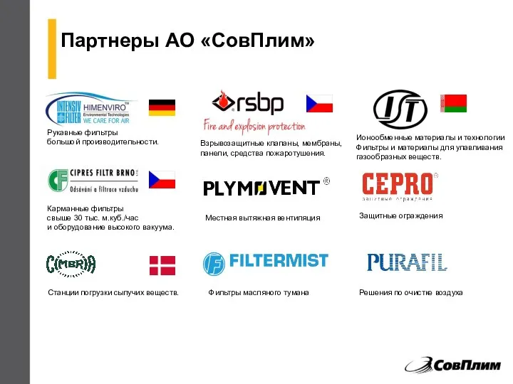 Партнеры АО «СовПлим» Карманные фильтры свыше 30 тыс. м.куб./час и оборудование высокого