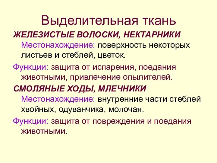 Выделительная ткань ЖЕЛЕЗИСТЫЕ ВОЛОСКИ, НЕКТАРНИКИ Местонахождение: поверхность некоторых листьев и стеблей, цветок.