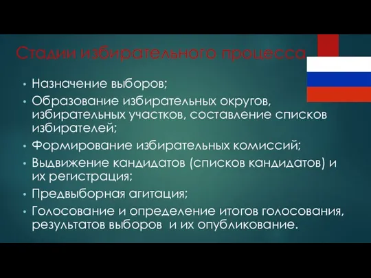 Стадии избирательного процесса Назначение выборов; Образование избирательных округов, избирательных участков, составление списков