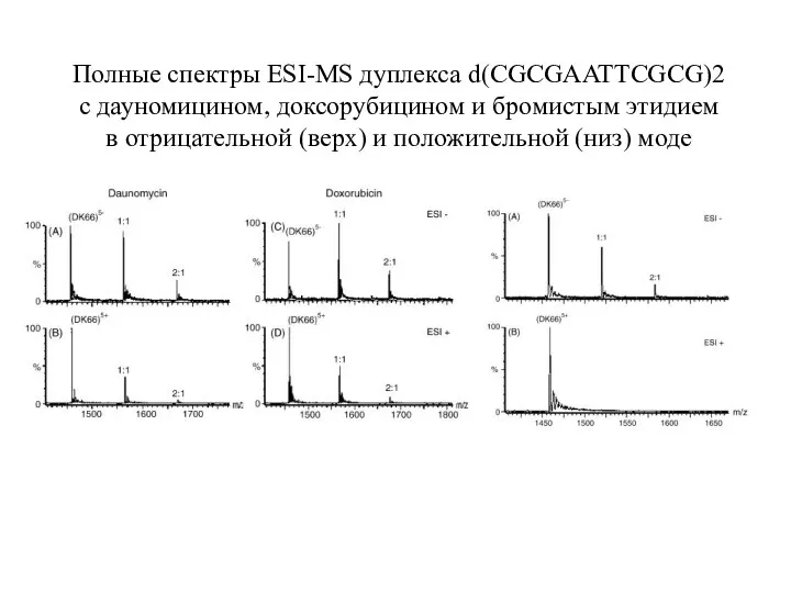 Полные спектры ESI-MS дуплекса d(CGCGAATTCGCG)2 с дауномицином, доксорубицином и бромистым этидием в
