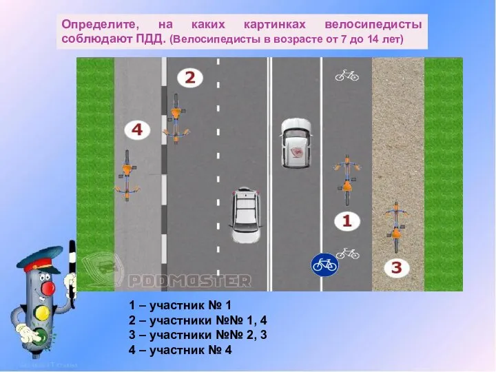 Определите, на каких картинках велосипедисты соблюдают ПДД. (Велосипедисты в возрасте от 7