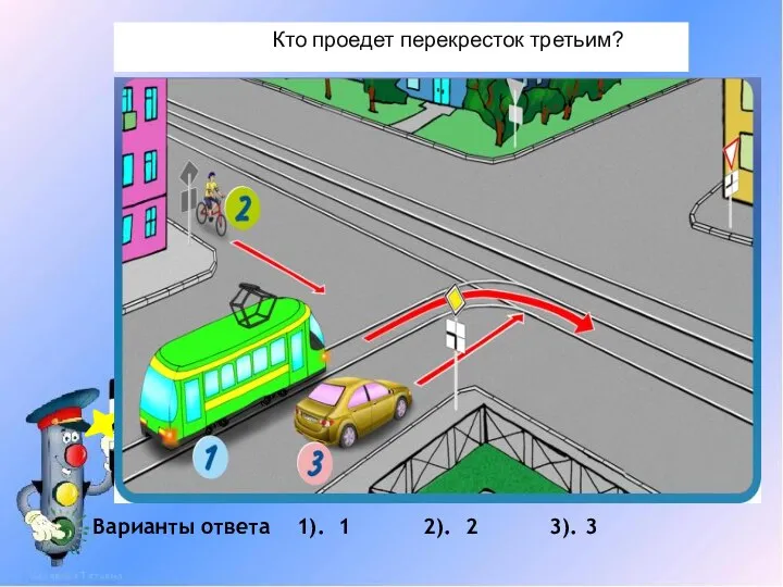 Кто проедет перекресток третьим? Варианты ответа 1). 1 2). 2 3). 3 1 3 2