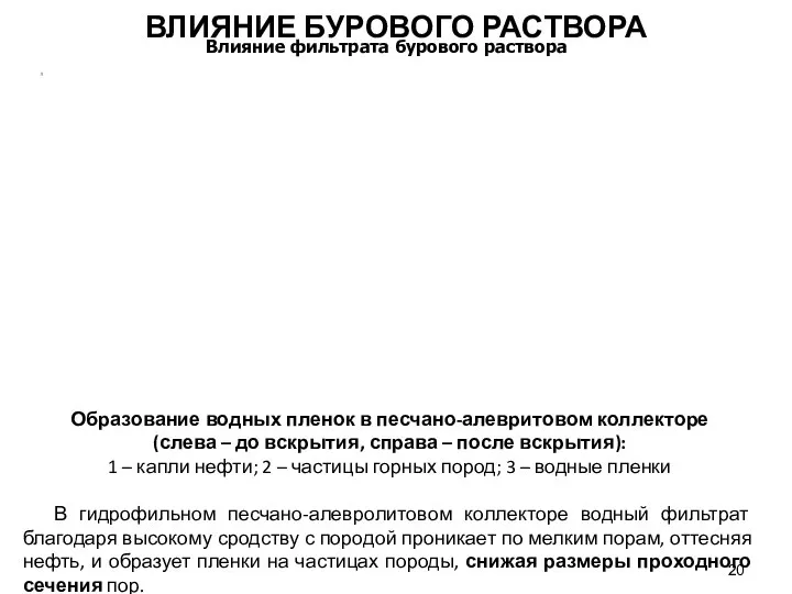 Образование водных пленок в песчано-алевритовом коллекторе (слева – до вскрытия, справа –