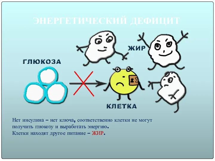 ЭНЕРГЕТИЧЕСКИЙ ДЕФИЦИТ Нет инсулина – нет ключа, соответственно клетки не могут получить