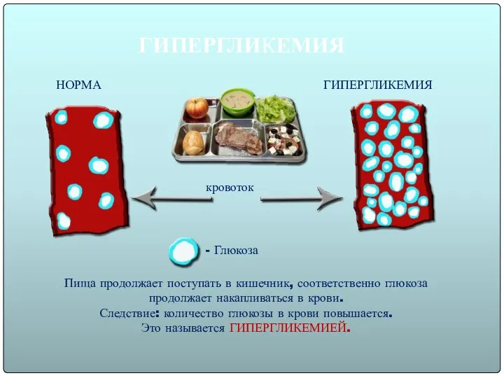 ГИПЕРГЛИКЕМИЯ Пища продолжает поступать в кишечник, соответственно глюкоза продолжает накапливаться в крови.