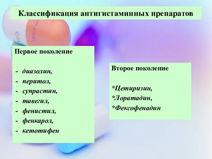 Классификация антигистаминных препаратов Первое поколение диазолин, перитол, супрастин, тавегил, фенистил, фенкарол, кетотифен