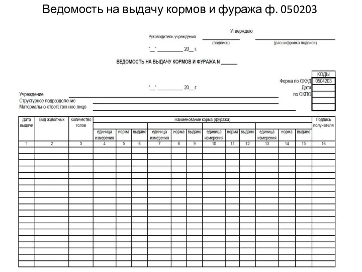 Ведомость на выдачу кормов и фуража ф. 050203