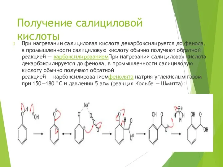 Получение салициловой кислоты При нагревании салициловая кислота декарбоксилируется до фенола, в промышленности