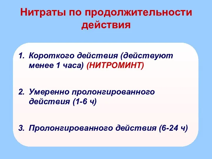 Нитраты по продолжительности действия Короткого действия (действуют менее 1 часа) (НИТРОМИНТ) Умеренно