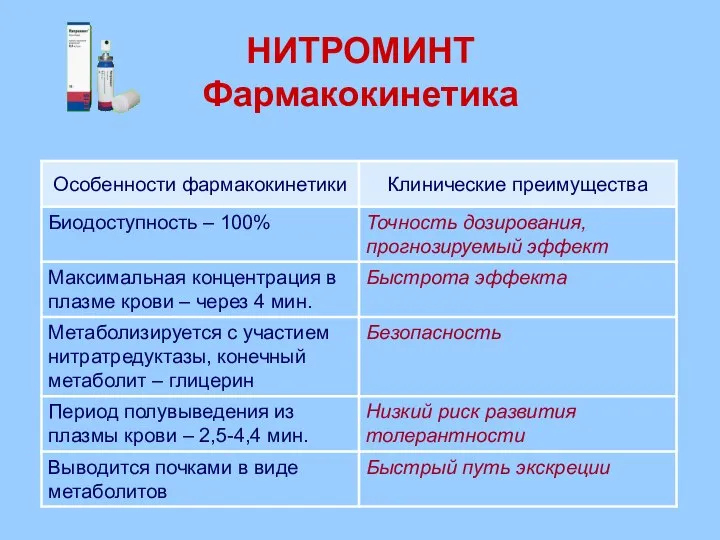 НИТРОМИНТ Фармакокинетика