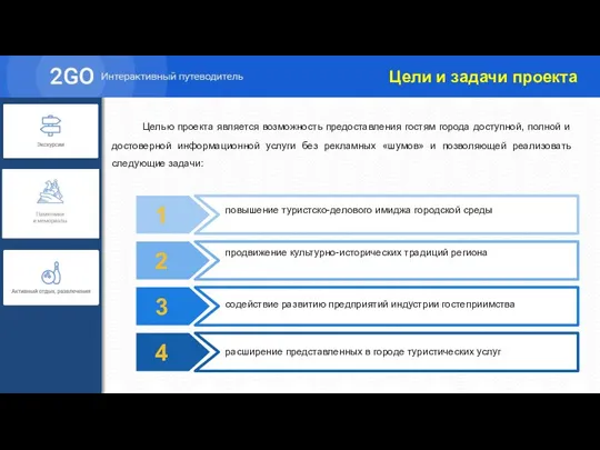 Цели и задачи проекта 1 повышение туристско-делового имиджа городской среды 2 продвижение