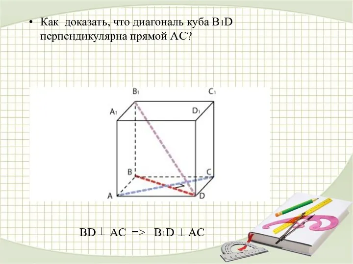 BD AC => В1D AC Как доказать, что диагональ куба В1D перпендикулярна прямой AC?