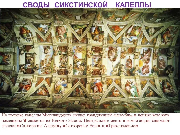 СВОДЫ СИКСТИНСКОЙ КАПЕЛЛЫ На потолке капеллы Микеланджело создал грандиозный ансамбль, в центре