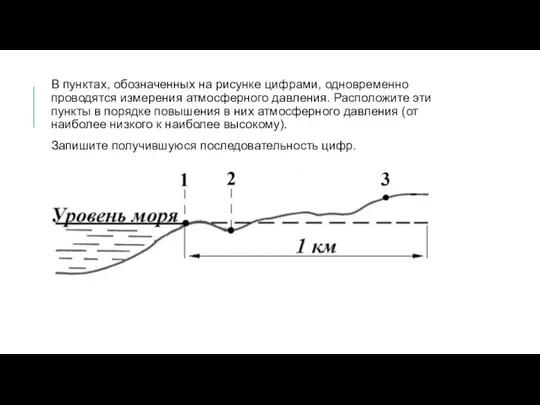 В пунктах, обозначенных на рисунке цифрами, одновременно проводятся измерения атмосферного давления. Расположите