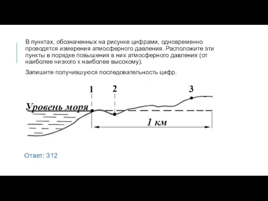 В пунктах, обозначенных на рисунке цифрами, одновременно проводятся измерения атмосферного давления. Расположите