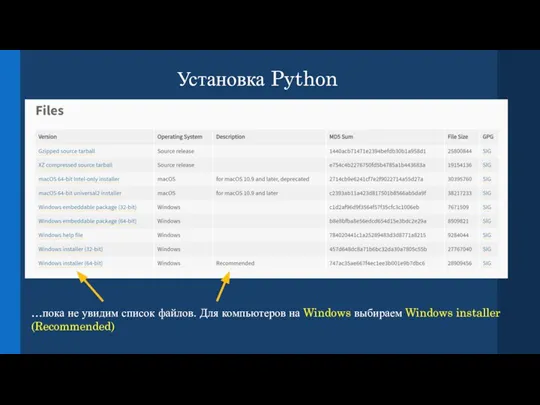 Установка Python …пока не увидим список файлов. Для компьютеров на Windows выбираем Windows installer (Recommended)