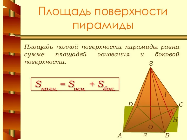 Площадь поверхности пирамиды Площадь полной поверхности пирамиды равна сумме площадей основания и