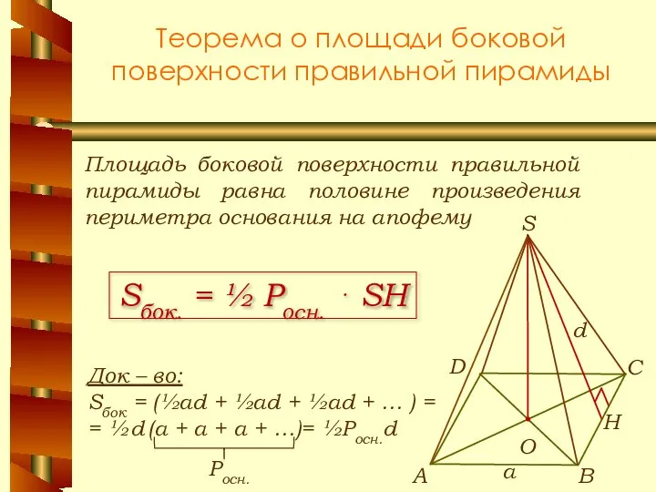 Теорема о площади боковой поверхности правильной пирамиды Площадь боковой поверхности правильной пирамиды
