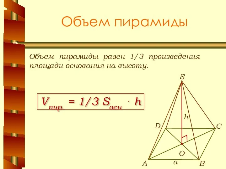 Объем пирамиды Объем пирамиды равен 1/3 произведения площади основания на высоту. Vпир.